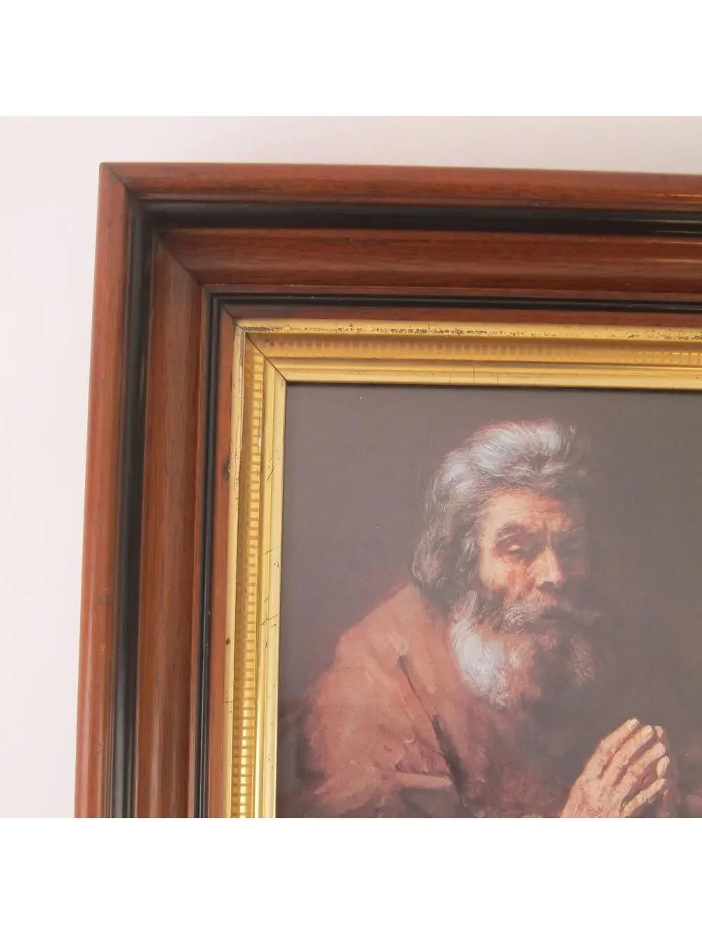 Antique Victorian Deep Picture Frame Walnut Wood Gold Gilt Old Man Praying Print
